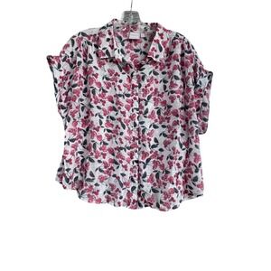 Zac & Rachel Womens Large Red Cherry Print Short Sleeve Button Down Blouse Top